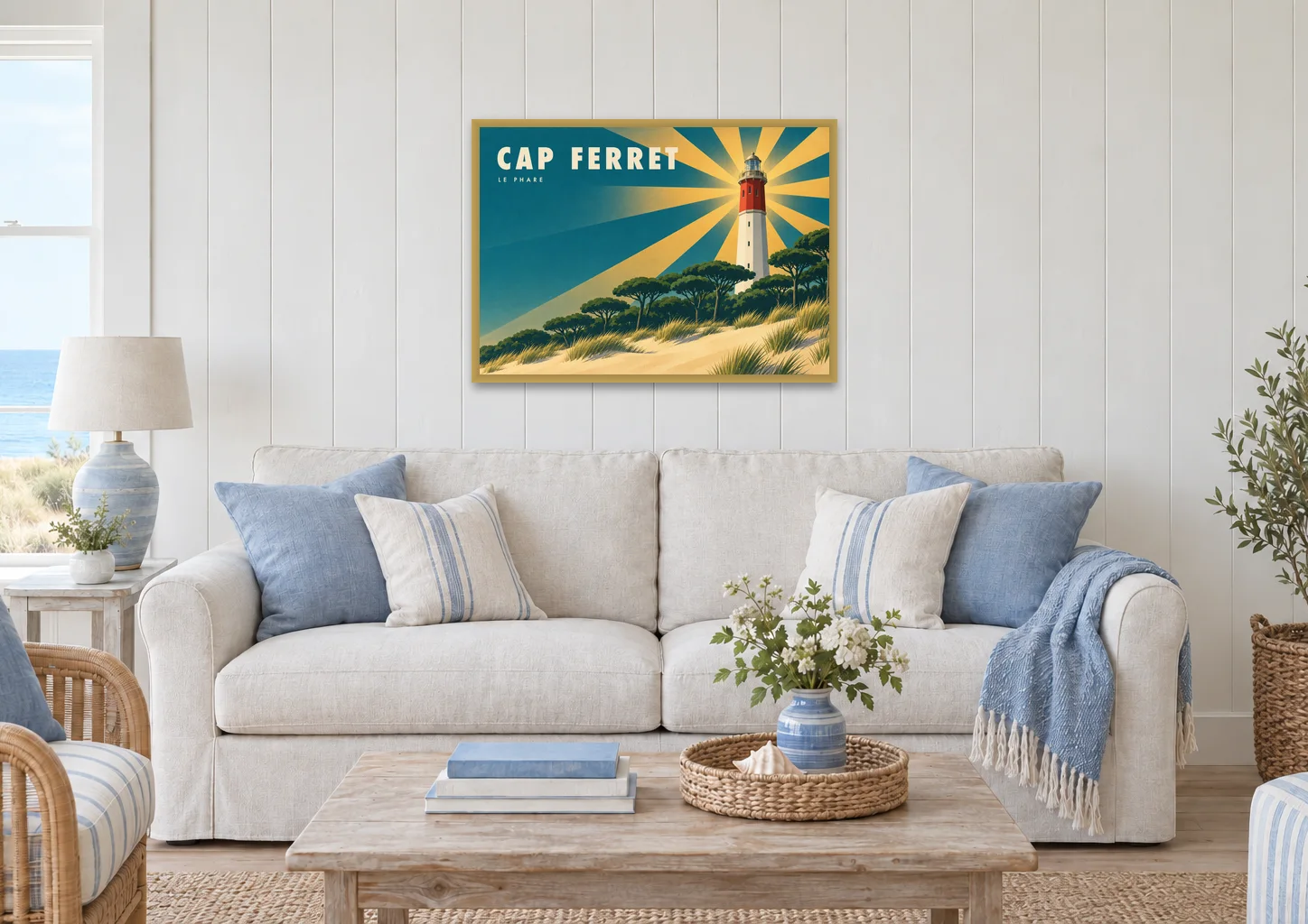Affiche Cap Ferret « Cap Ferret, le phare » en A1, encadrée au-dessus d'un canapé, déco bord de mer