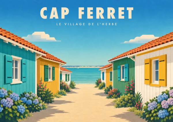 Affiche village de L'Herbe Art déco - Cap Ferret, le village de L'Herbe