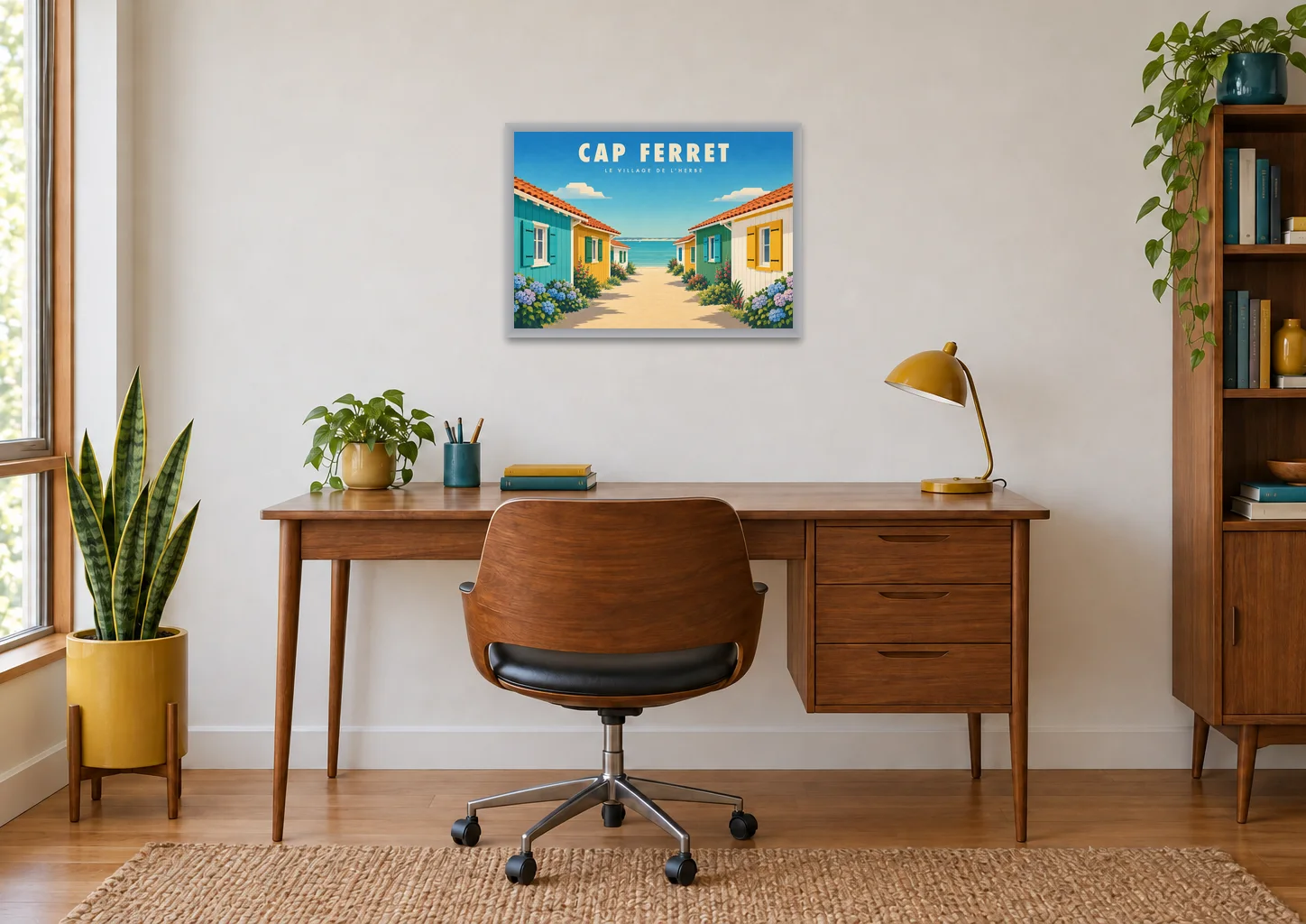 Affiche village de L'Herbe « Cap Ferret, le village de L'Herbe » en A2, encadrée au-dessus d'un bureau, déco années 50