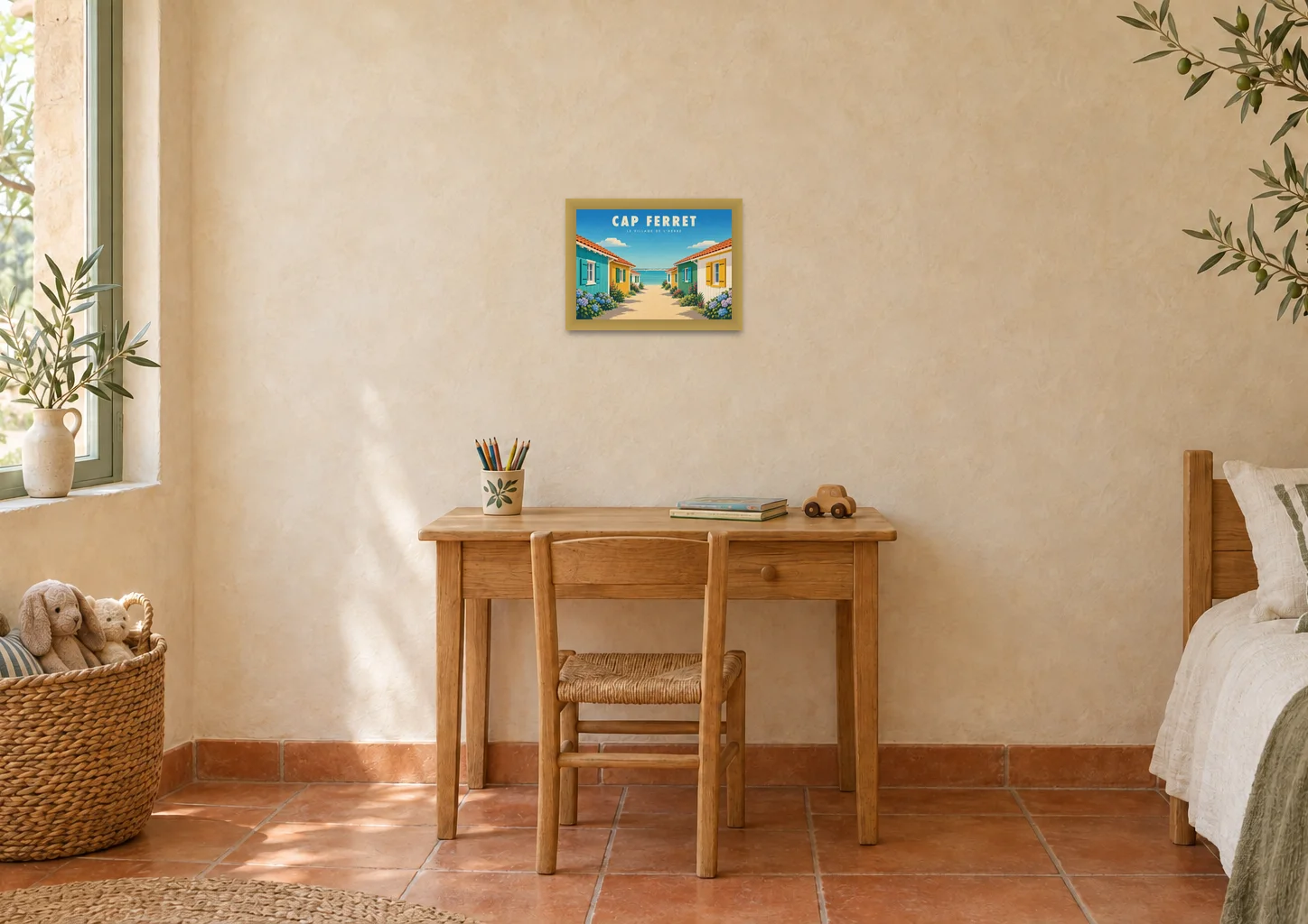 Affiche village de L'Herbe « Cap Ferret, le village de L'Herbe » en A4, encadrée dans une chambre d'enfant, déco méditerranéenne