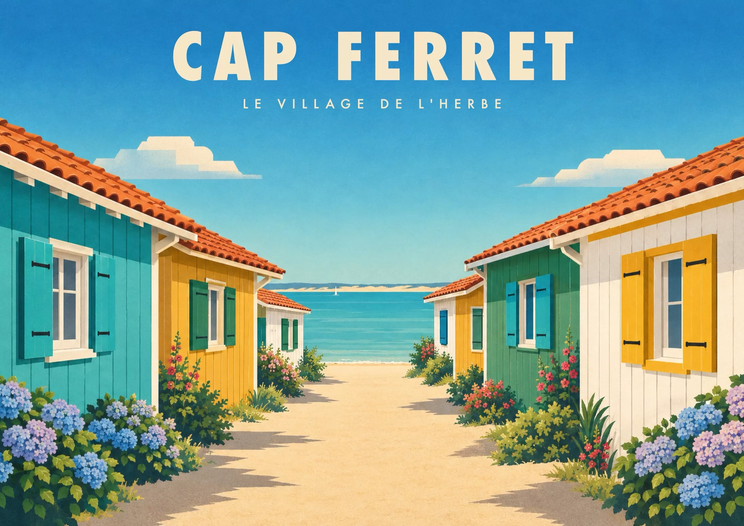 Affiche village de L'Herbe Art déco - Cap Ferret, le village de L'Herbe