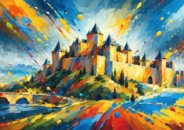 Affiche Carcassonne - La Cité médiévale sur sa colline, remparts dorés et tours pointues sous un ciel bleu