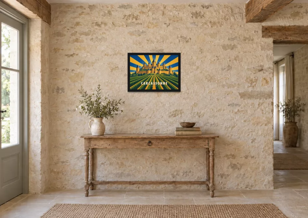 Affiche Carcassonne « Carcassonne, la Cité » en A3, encadrée dans une entrée, déco campagne