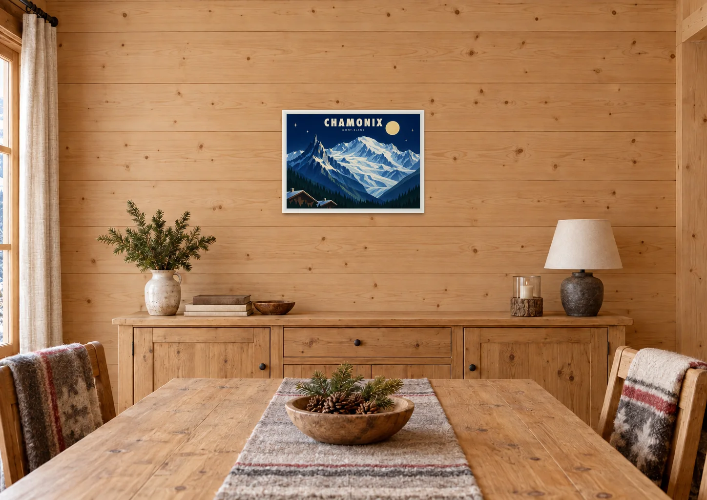Affiche Chamonix « Chamonix, le Mont-Blanc » en A2, encadrée dans une salle à manger, déco chalet