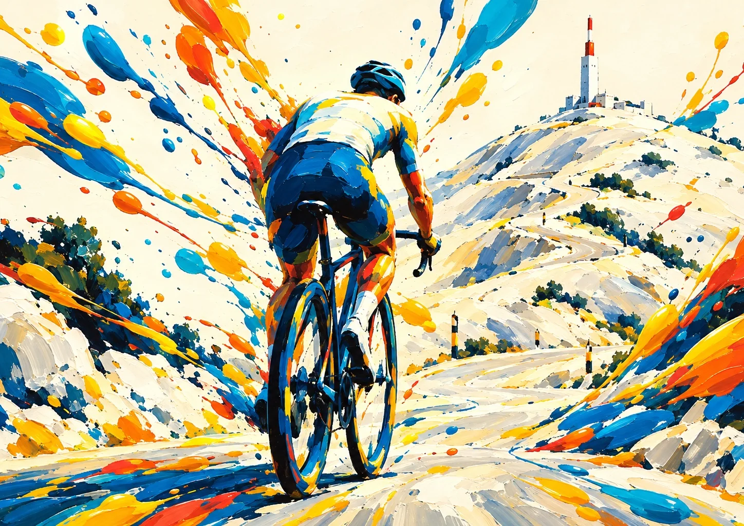 Affiche cyclisme - Un cycliste de dos grimpe vers l'antenne du mont Ventoux entre les pierres blanches