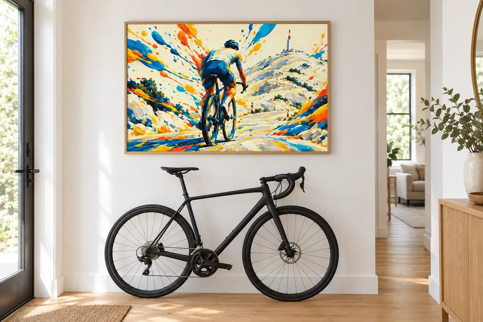 Affiche cyclisme « Géant de Provence » encadrée dans une entrée, au-dessus d'un vélo de route