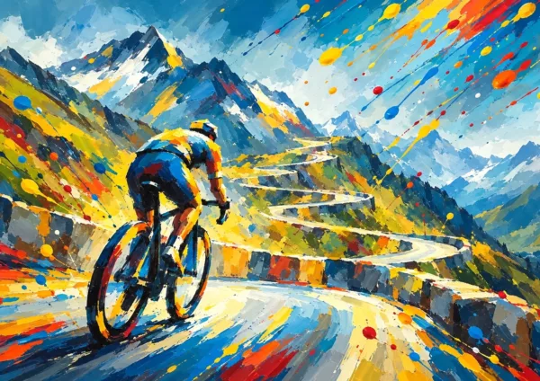 Affiche cyclisme - Un cycliste aborde les lacets du col du Tourmalet, sommets enneigés au fond
