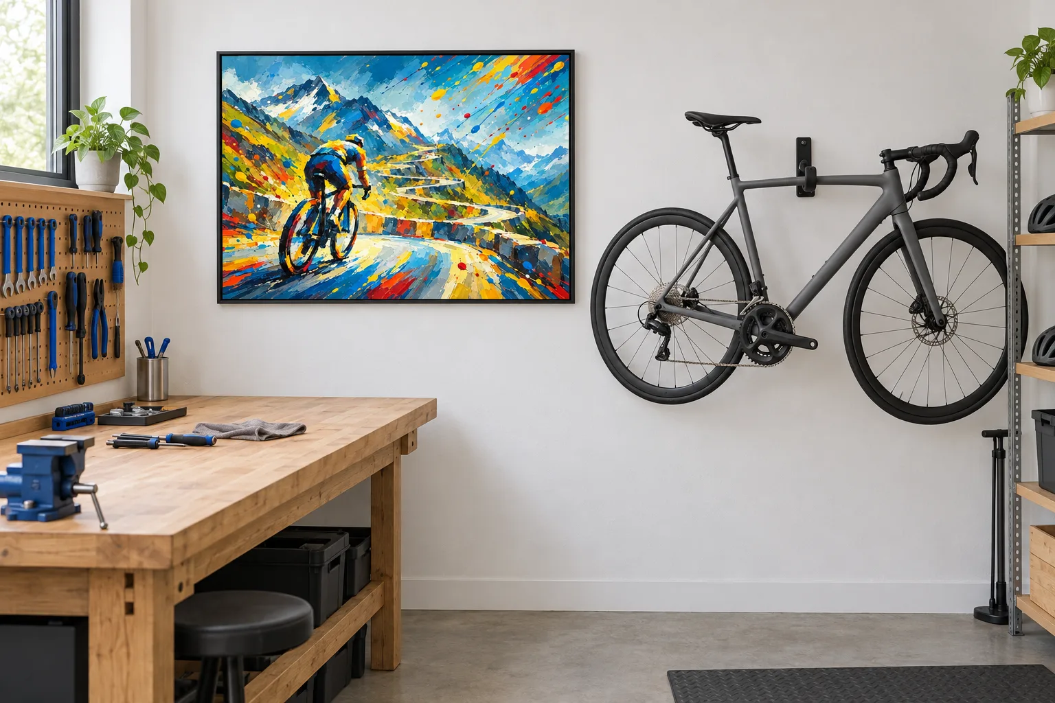 Affiche cyclisme « Lacets du Tourmalet » encadrée dans un atelier vélo