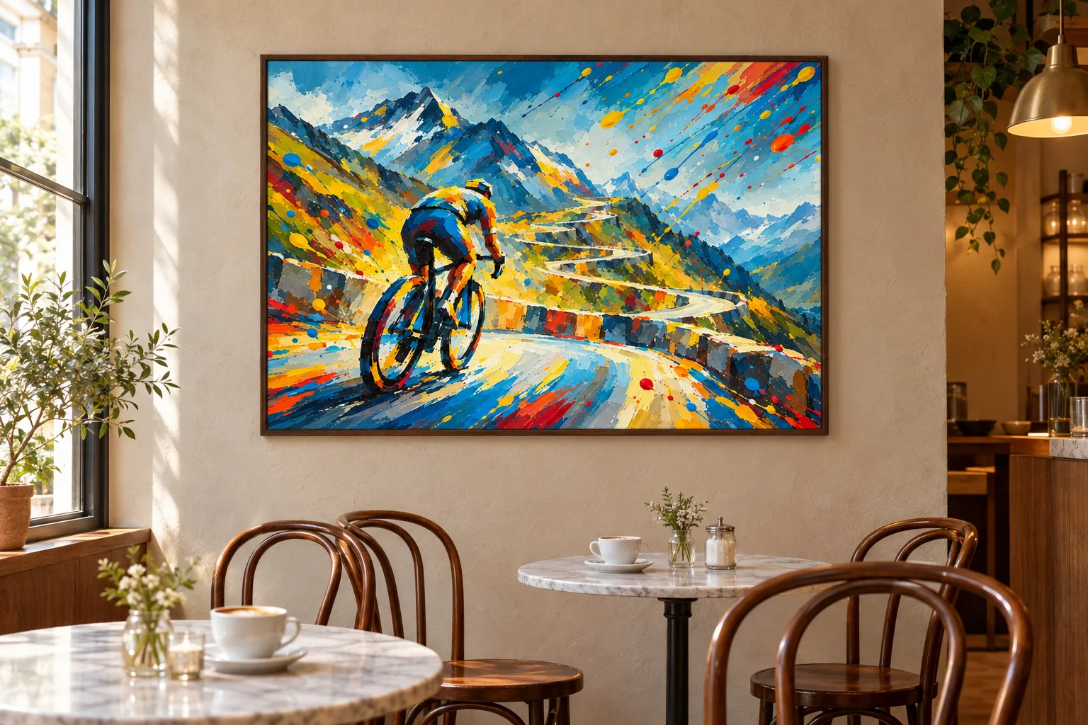 Affiche cyclisme « Lacets du Tourmalet » encadrée en A1 sur le mur d'un café