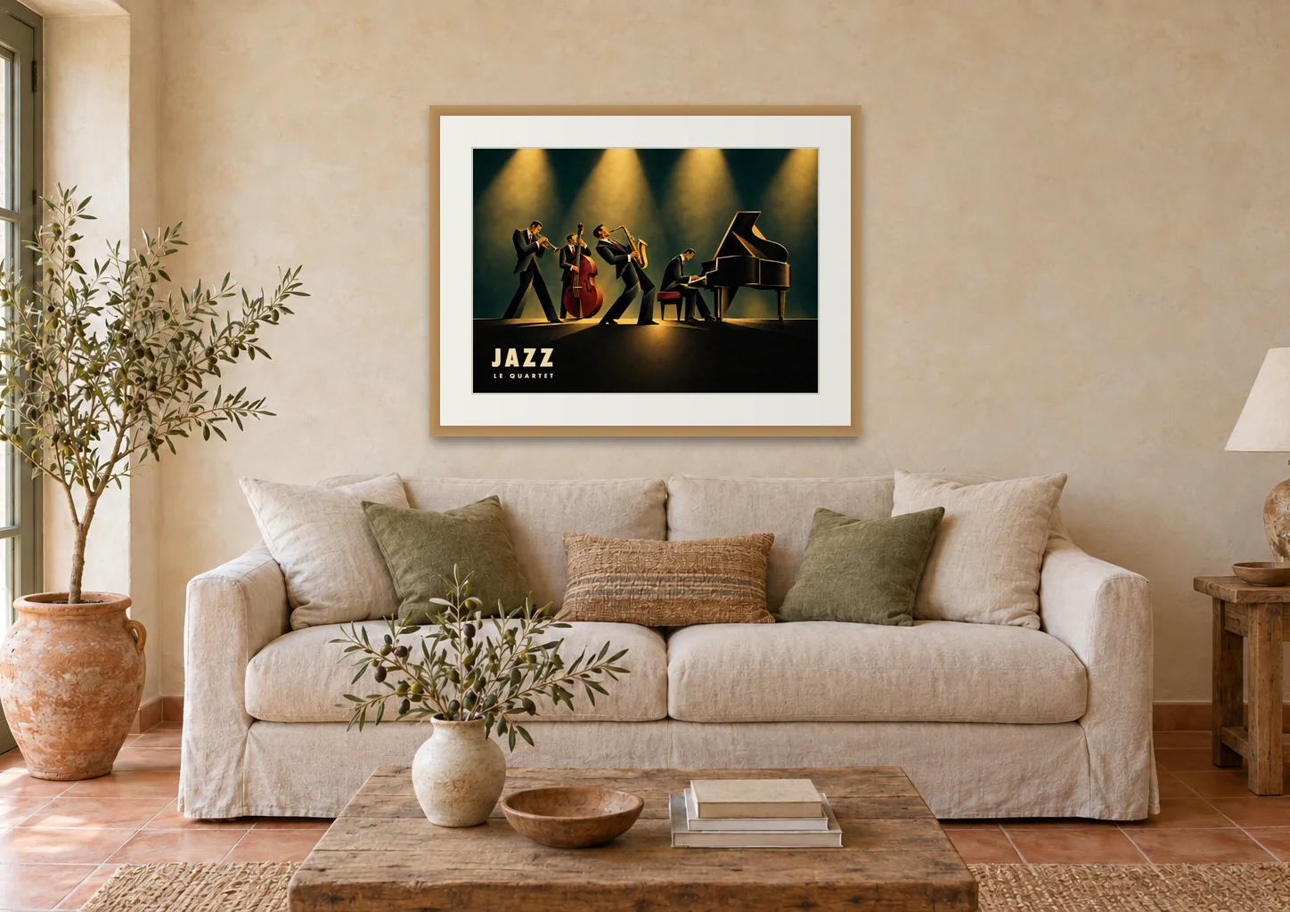 Affiche jazz « Jazz, le quartet » en A1, encadrée au-dessus d'un canapé, déco méditerranéenne