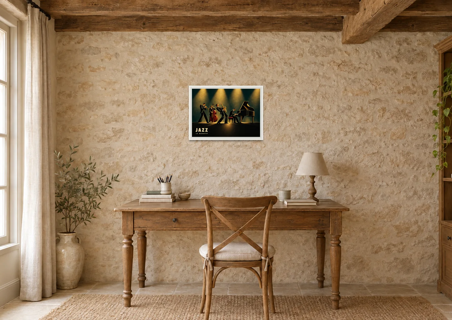 Affiche jazz « Jazz, le quartet » en A3, encadrée au-dessus d'un bureau, déco campagne