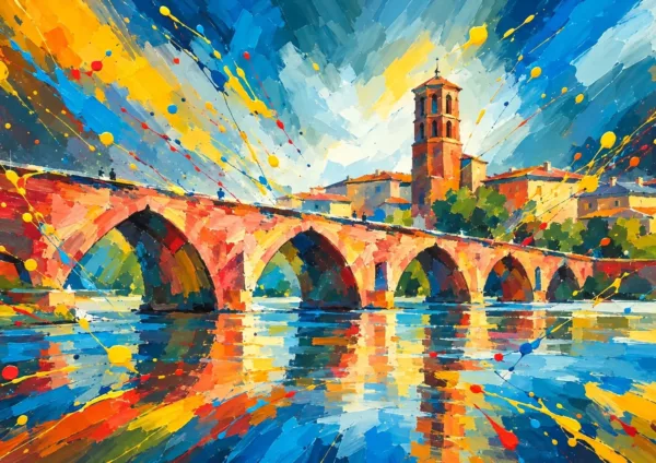 Affiche Montauban - Le Pont-Vieux en brique sur le Tarn et le clocher de Saint-Jacques, sous un ciel éclaboussé de peinture