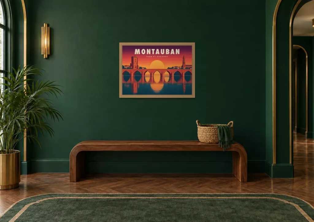 Affiche Montauban « Montauban, le Pont-Vieux » en A2, encadrée au-dessus d'un banc, déco Art déco