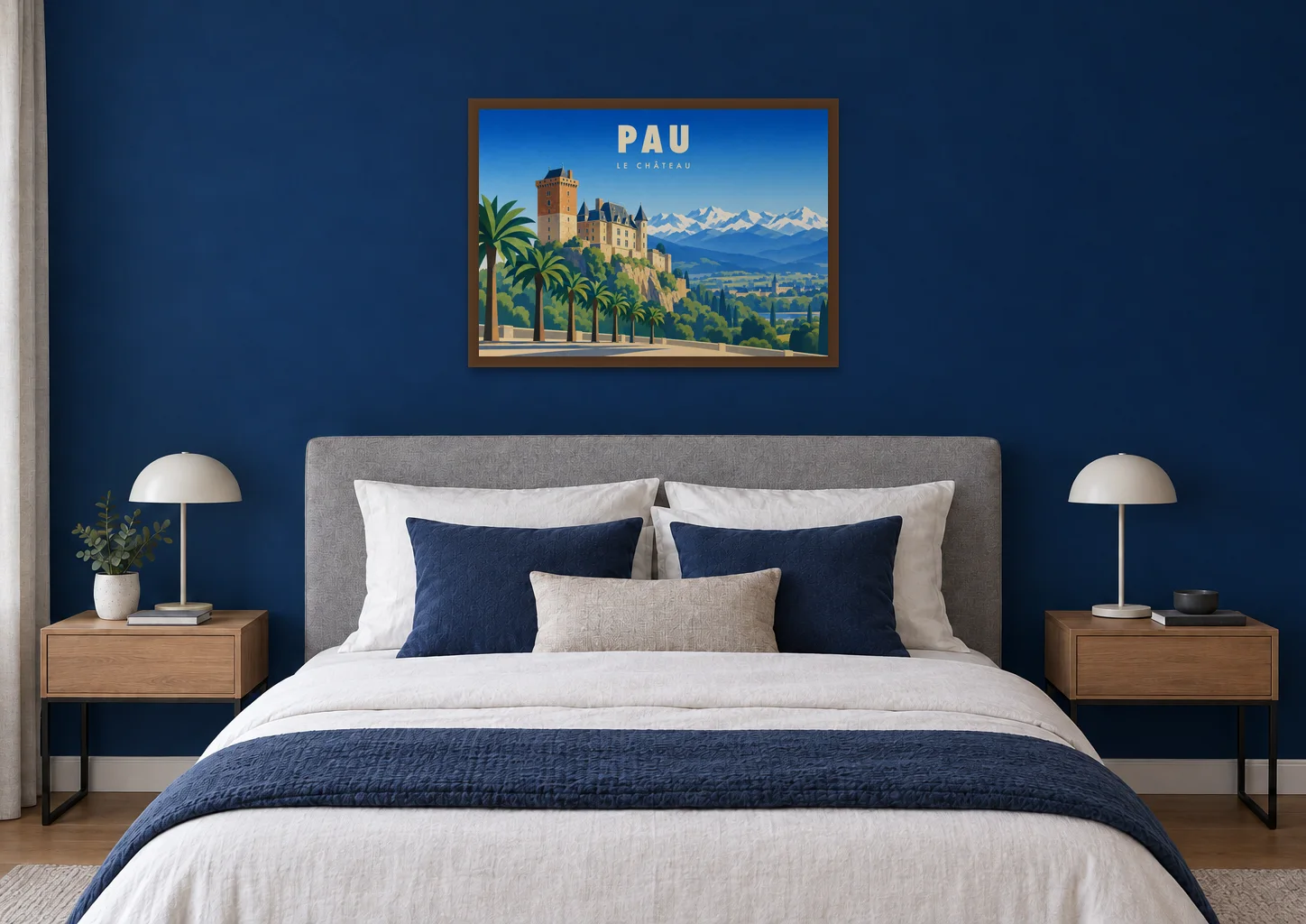 Affiche Pau « Pau, le château » en A1, encadrée au-dessus d'un lit, déco contemporaine