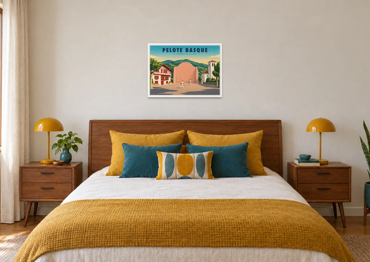 Affiche pelote basque « Pelote basque, le fronton du village » en A2, encadrée dans une chambre, déco années 50