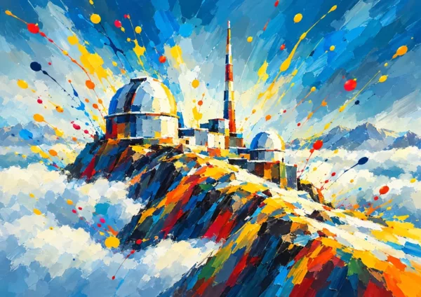 Affiche Pic du Midi - l'observatoire et ses coupoles au-dessus d'une mer de nuages, éclaboussures de peinture dans un ciel bleu