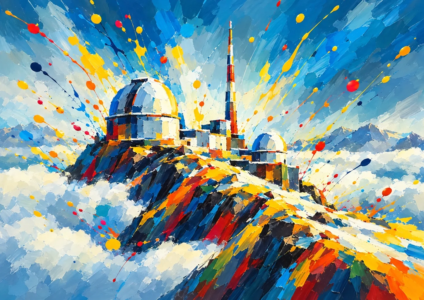 Affiche Pic du Midi - l'observatoire et ses coupoles au-dessus d'une mer de nuages, éclaboussures de peinture dans un ciel bleu