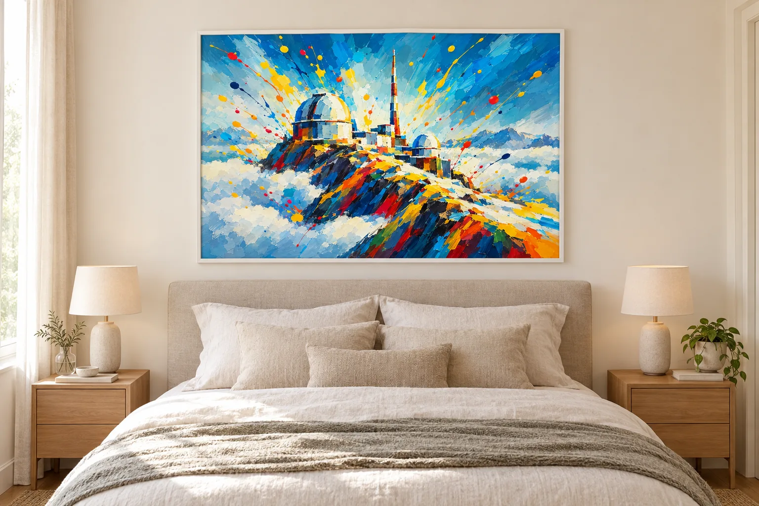 Affiche Pic du Midi « Pic du Midi » encadrée en A1 au-dessus d'un lit