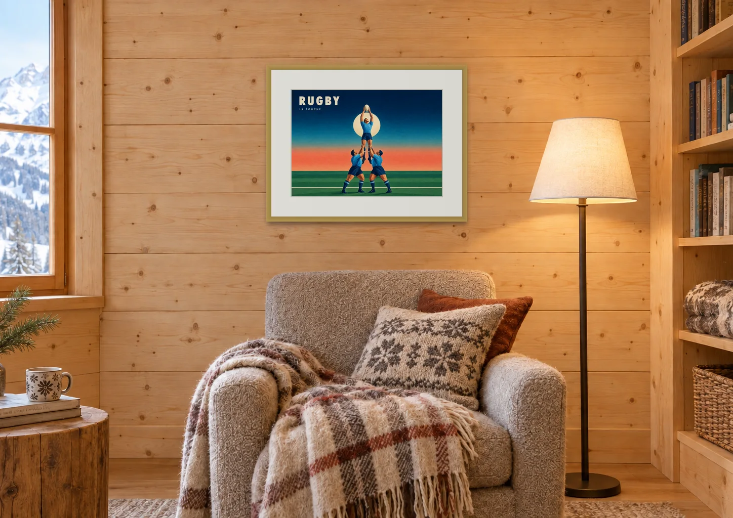 Affiche rugby « Rugby, la touche » en A2, encadrée dans un coin lecture, déco chalet