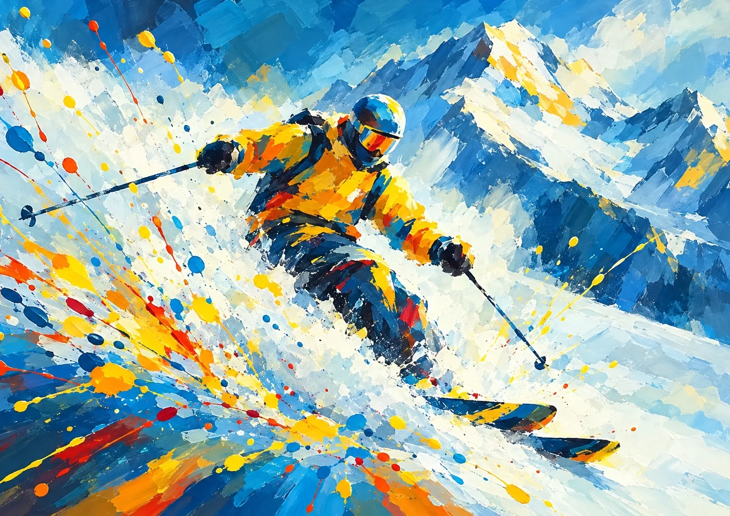 Affiche ski - skieur en veste jaune qui vire dans la poudreuse, sommets enneigés et éclaboussures de peinture