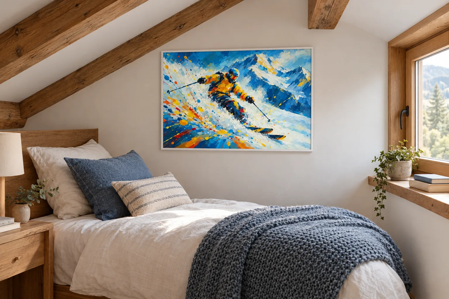 Affiche ski « Carving en poudreuse » encadrée en A2 dans une chambre mansardée