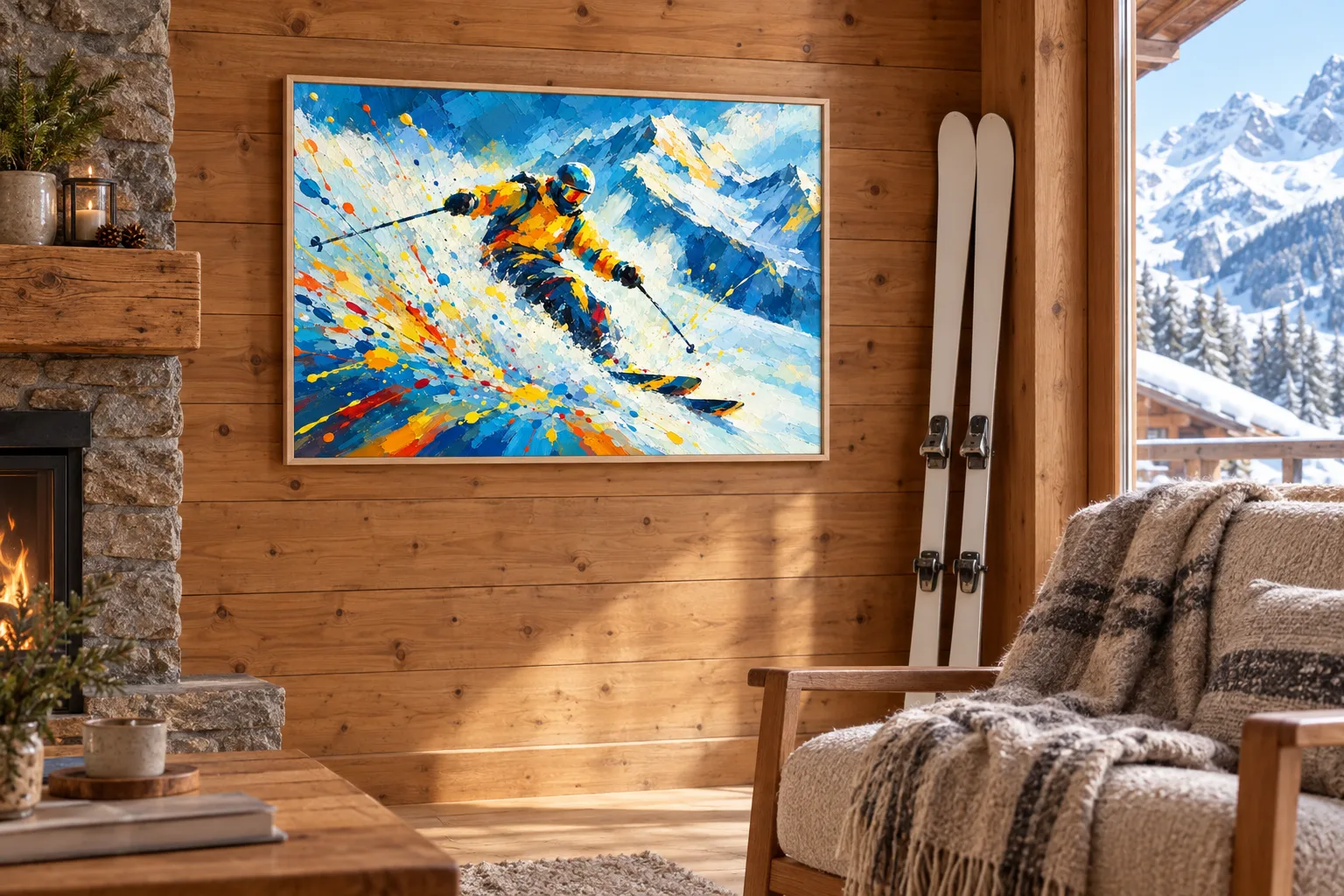 Affiche ski « Carving en poudreuse » encadrée dans le salon d'un chalet