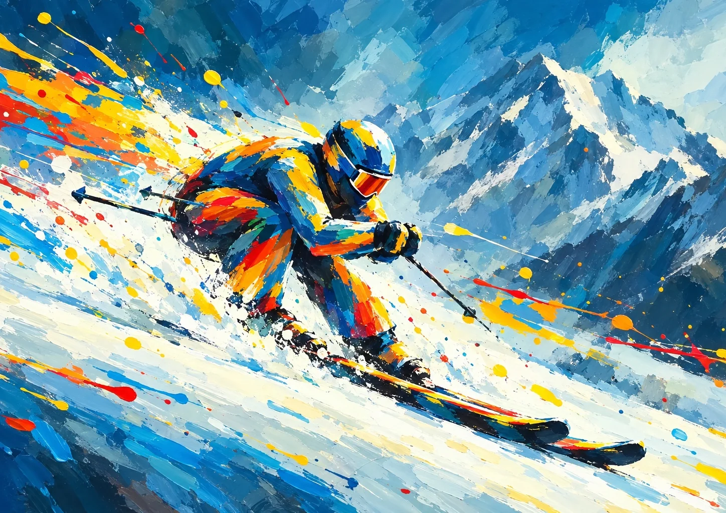 Affiche ski - descendeur en position de vitesse devant un sommet enneigé, traînées de peinture dans son sillage