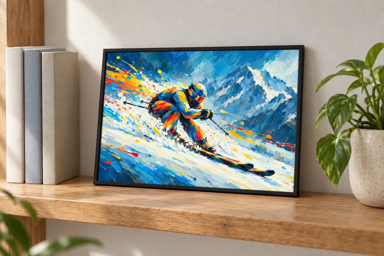 Affiche ski « Schuss » encadrée en A3 posée sur une étagère