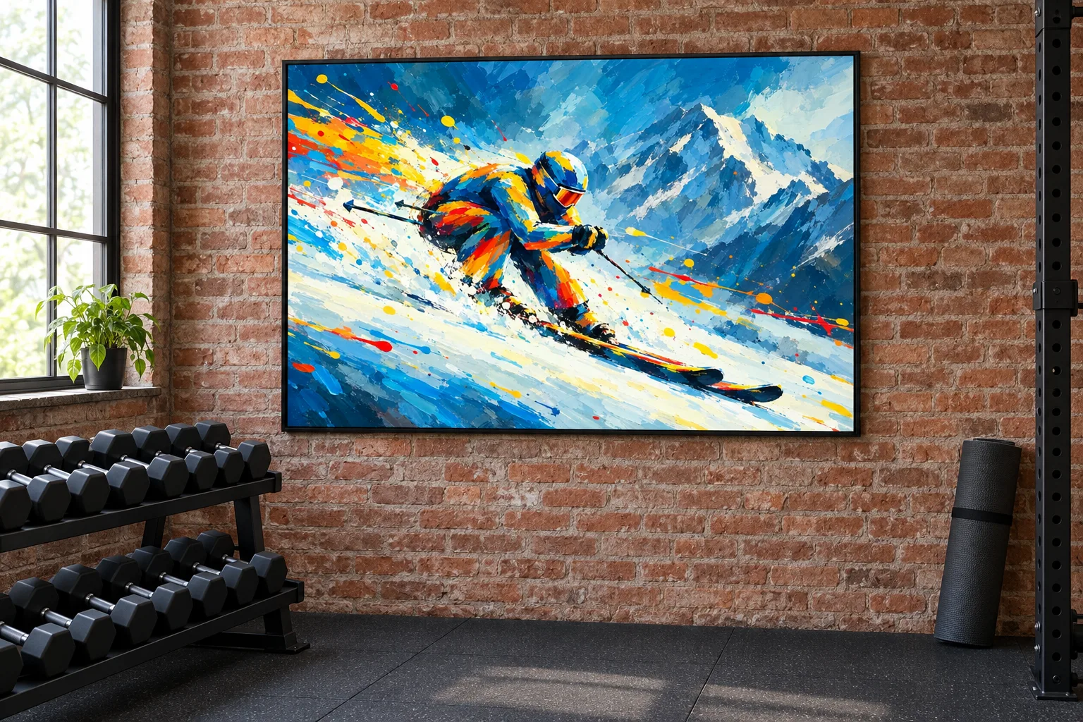 Affiche ski « Schuss » encadrée en A0 dans une salle de sport