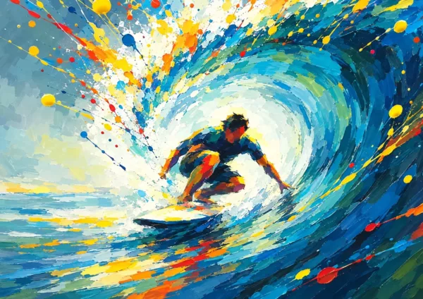 Affiche surf - surfeur accroupi dans le tube d'une vague bleue et turquoise, gouttes de peinture jaunes et rouges