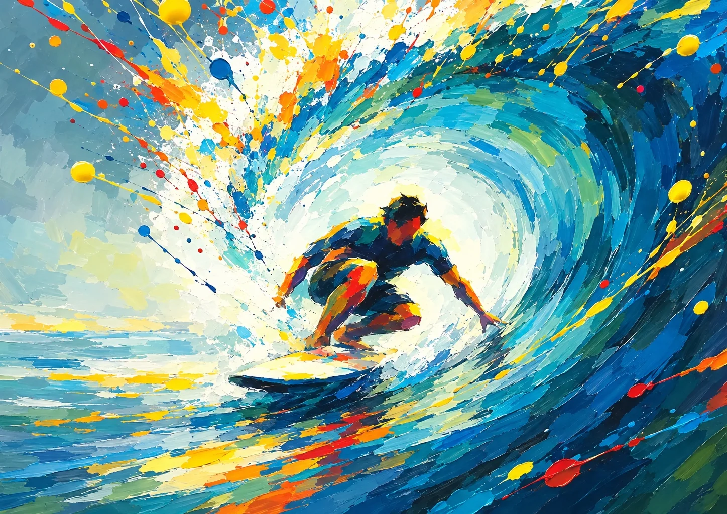 Affiche surf - surfeur accroupi dans le tube d'une vague bleue et turquoise, gouttes de peinture jaunes et rouges