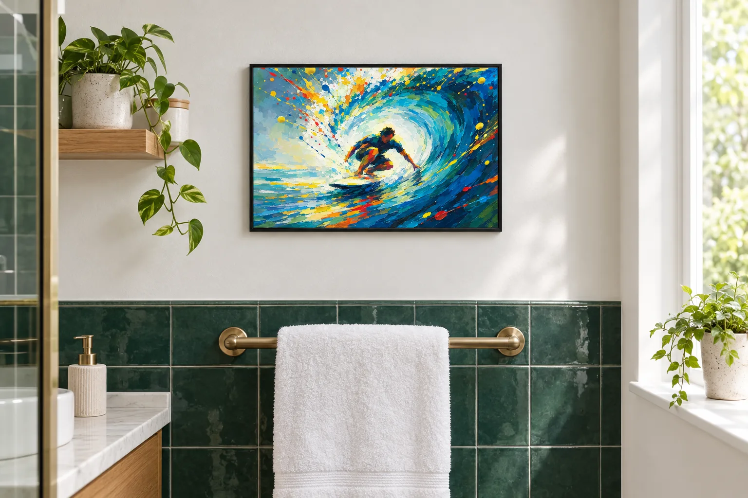 Affiche surf « Dans le tube » encadrée en A4 dans une salle de bain