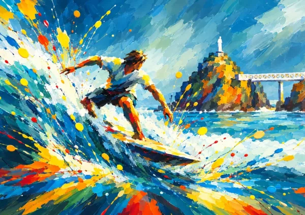 Affiche surf Biarritz - surfeur sur une vague devant le rocher de la Vierge et sa passerelle blanche, éclaboussures de peinture