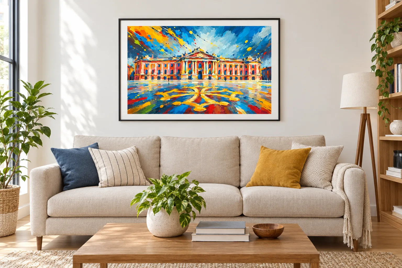 Affiche Toulouse « Capitole de Toulouse » encadrée en A1 au-dessus d'un canapé