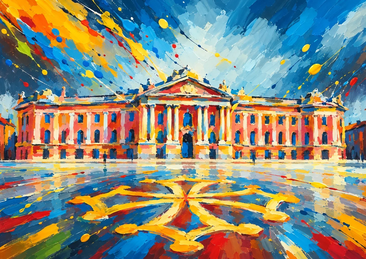 Affiche Toulouse - la place du Capitole, sa façade rose et la croix occitane dorée