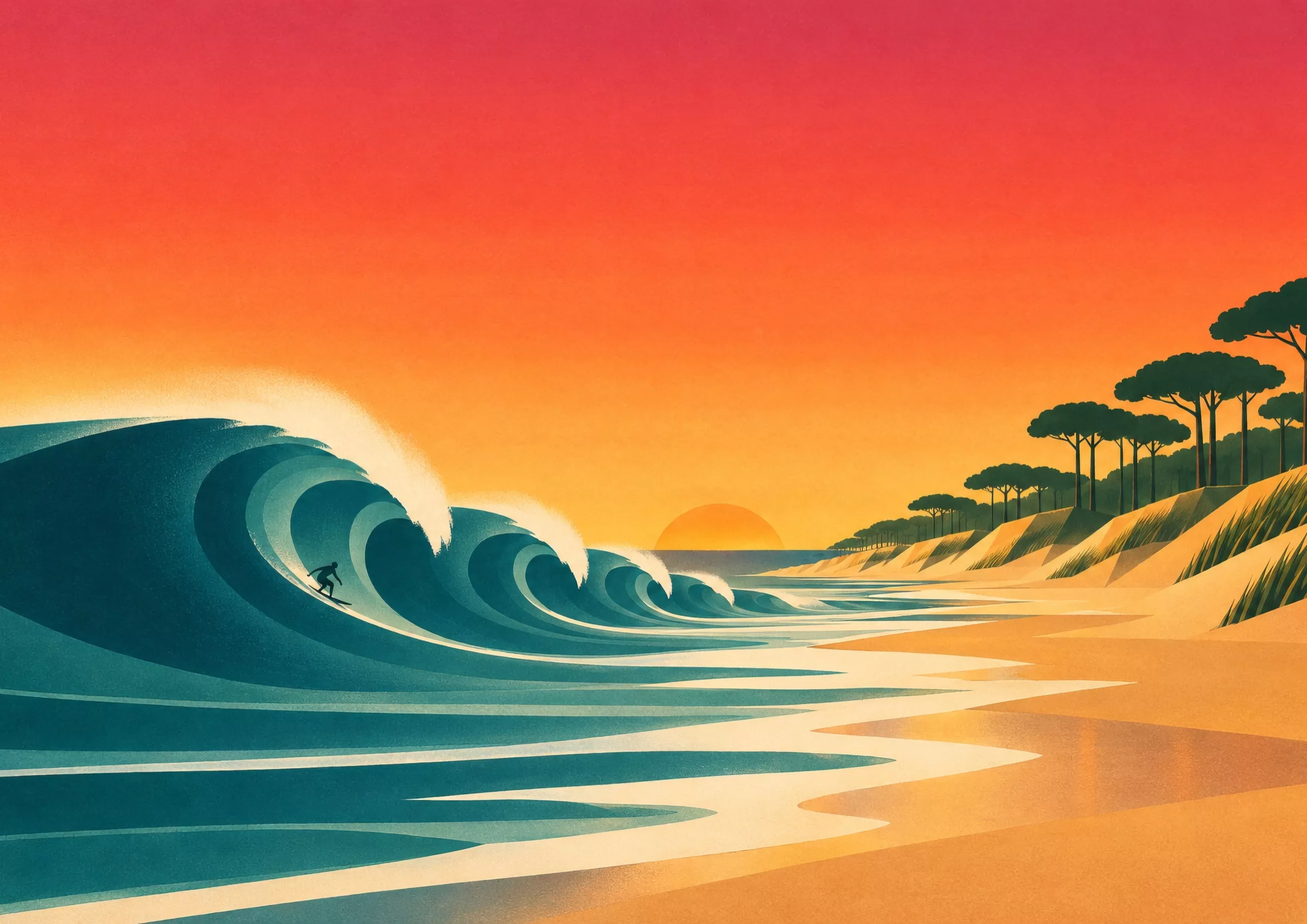 Affiche Art déco de Hossegor, vague et pins au coucher du soleil